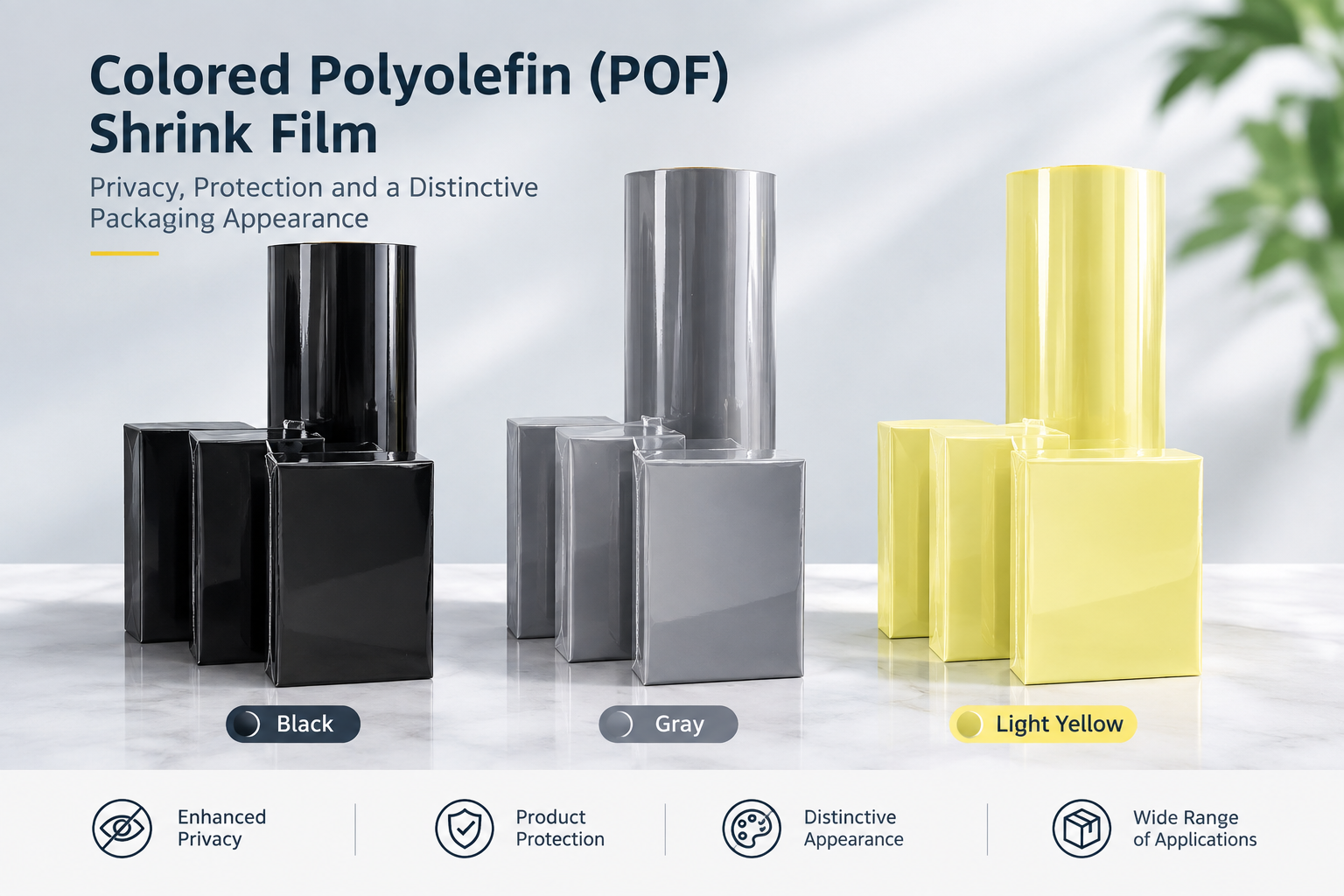 Colored Polyolefin (POF) Shrink Film: Black, Gray and Light Yellow Options